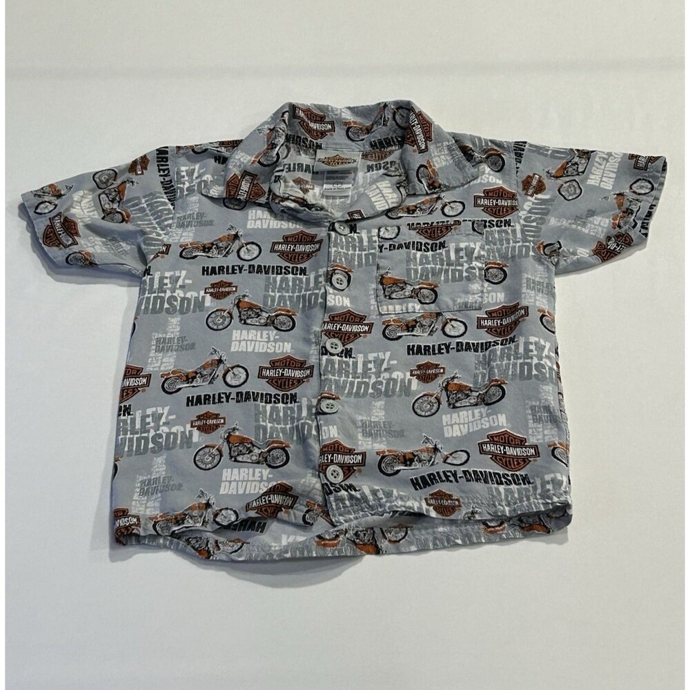 Kid's Harley Davidson Button Up Shirt Gray with Allover Print Size 7